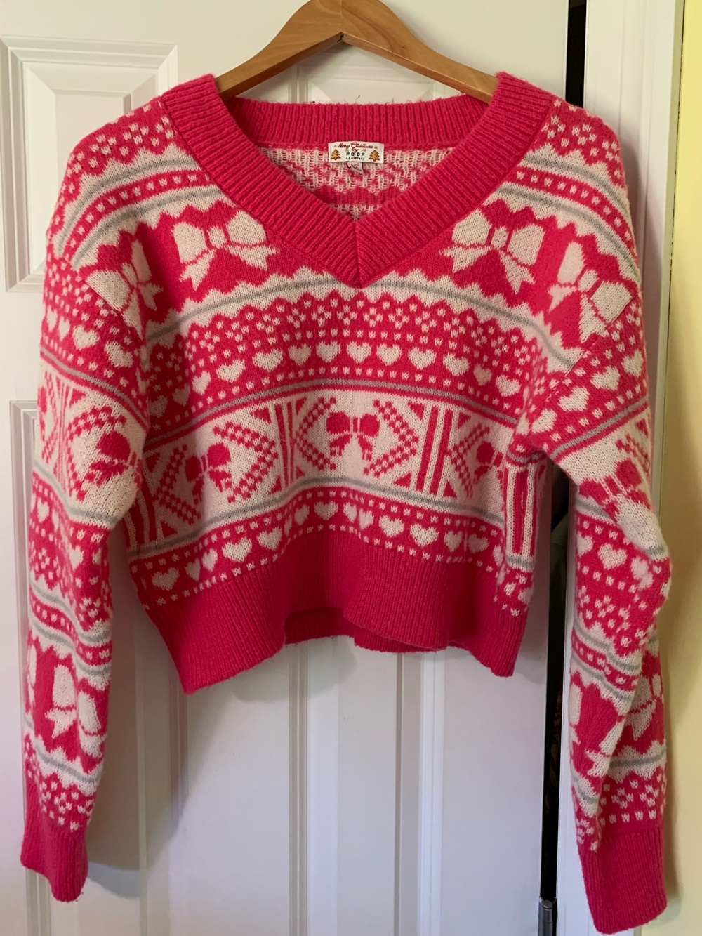 Hearts Bows Fair Isle Sweater Pink  Sweater by Merry Christmas by Poof New York